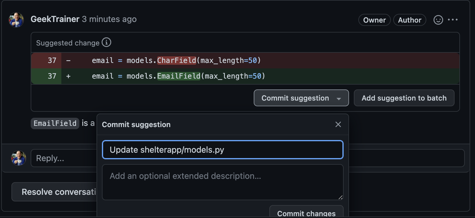 Screenshot of commit suggestion dialog