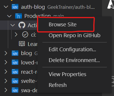 Screenshot of the Azure Static Web Apps extension, with browse site highlighted