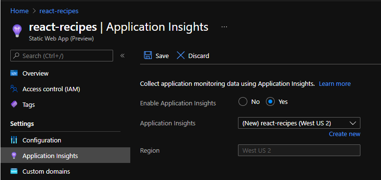 Screenshot enabling Application Insights
