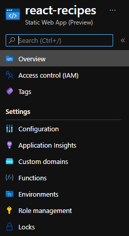 Screenshot of the settings for a static web app